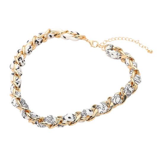Fabric Scarf Metal Chain Wrap Necklace
