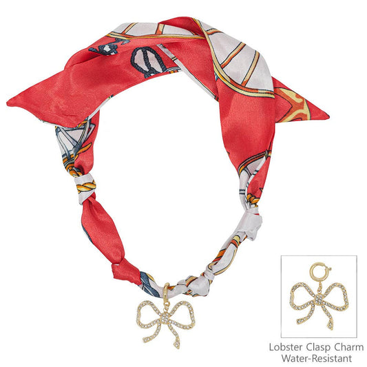 Red/White Knotted Scarf Necklace with Rhinestone Open Bow 1.5" Charm