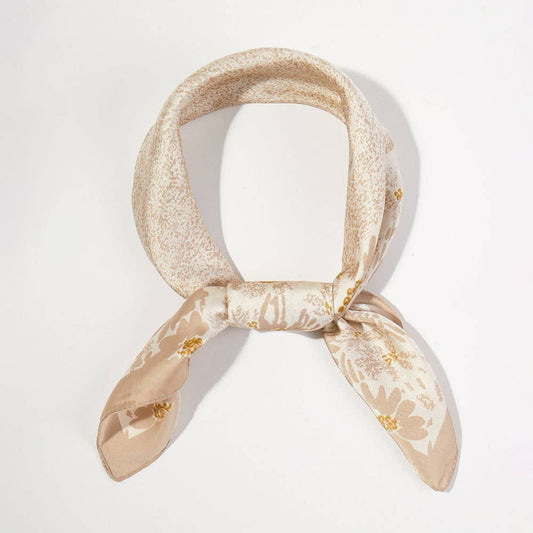 Abstract Floral Border Printed Square Silky Satin Bandana Scarf: Taupe