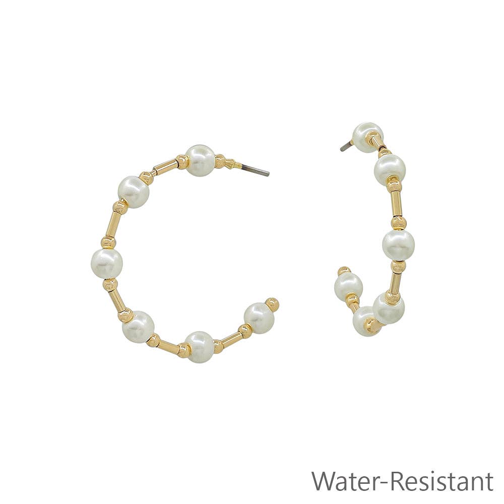 Wanda Water Resistant Gold Beaded with 4MM Pearl 1" Hoop Earring