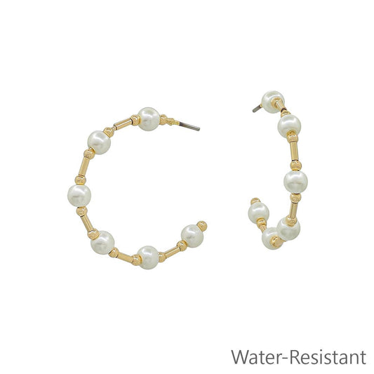 Wanda Water Resistant Gold Beaded with 4MM Pearl 1" Hoop Earring